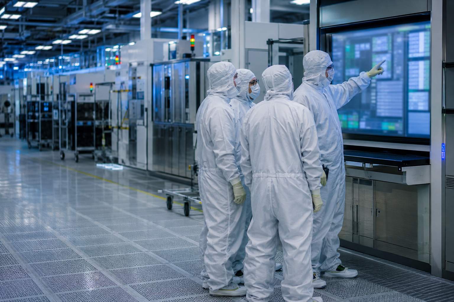 Semiconductor cleanroom team reviewing factory status together