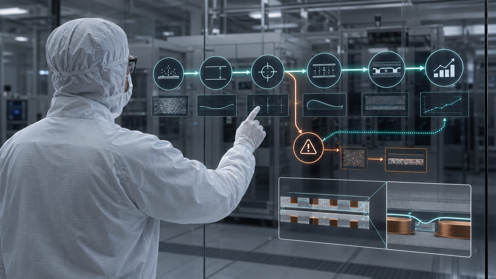 Cleanroom engineer tracing hybrid-bonding variables from surface preparation through verified output